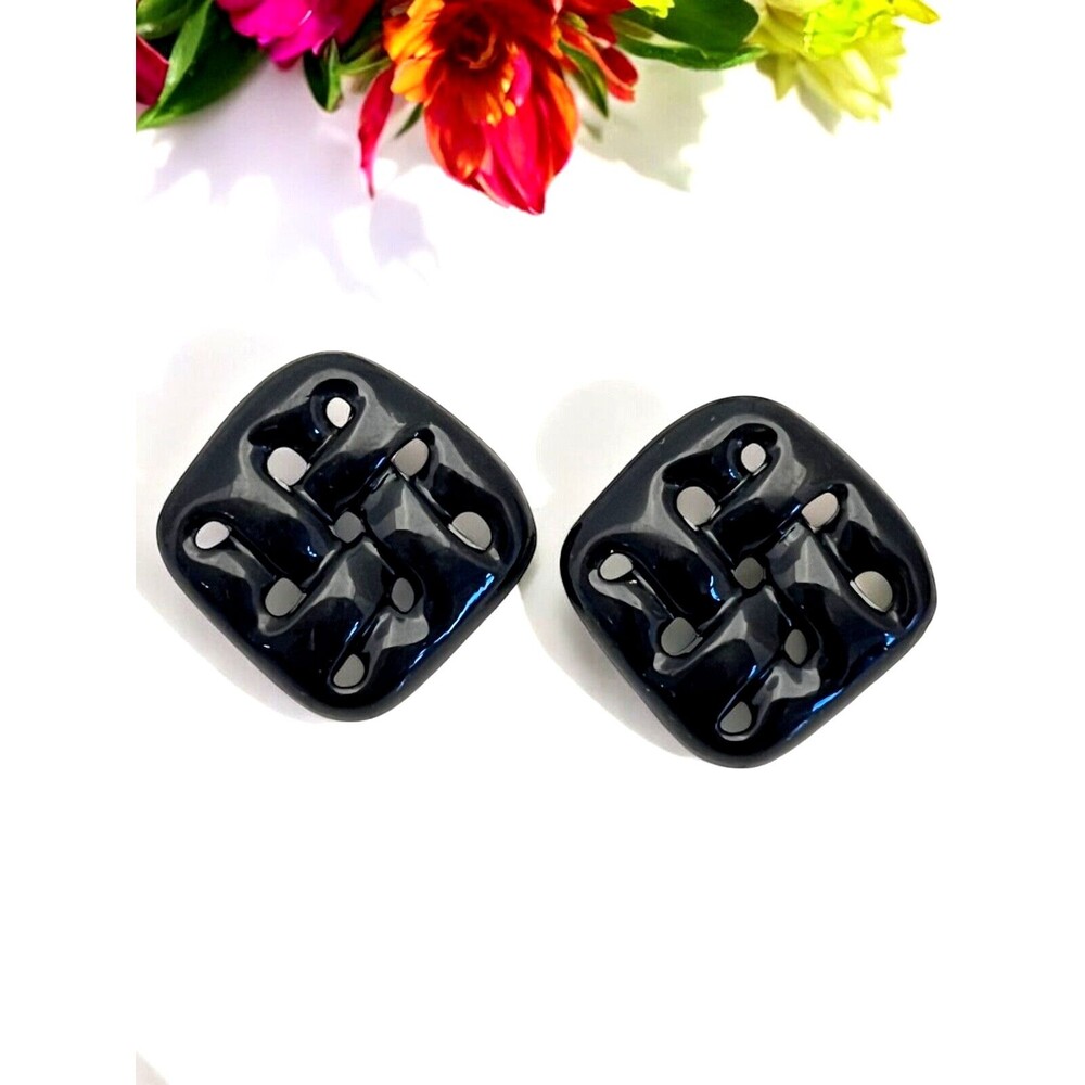 Vintage 1980s Trifari Black Enamel Woven Earrings Pierced - 5F